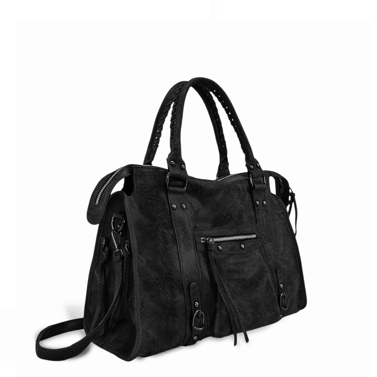 Sac à main en cuir brossé et clous argenté SANDSTORM SILVER Noir