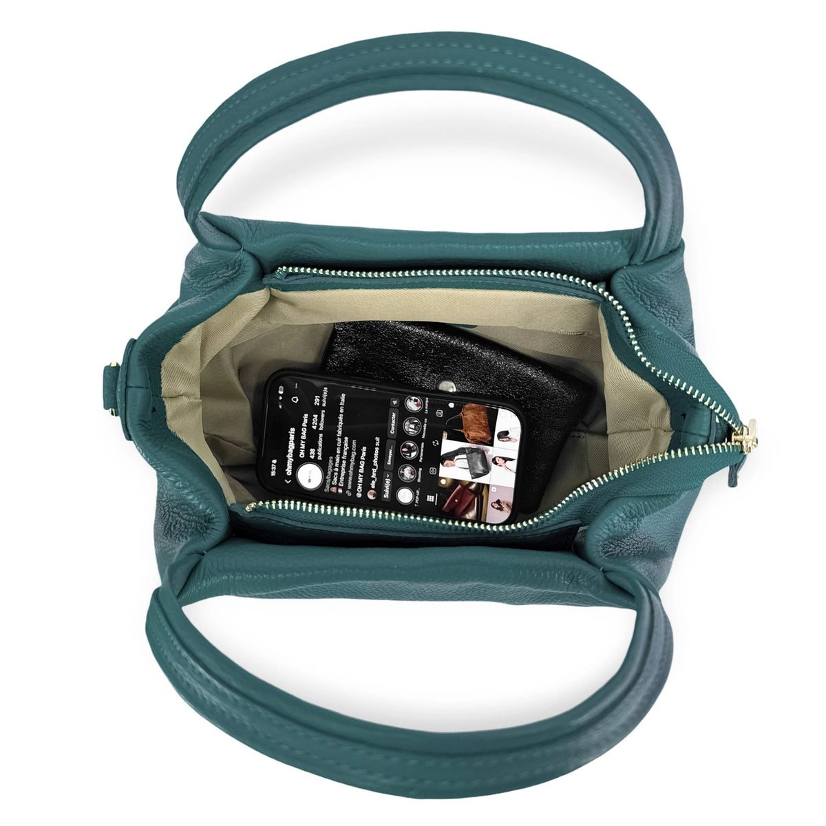 Bolso de mano de piel granulada BUBBLE Azul verde pato