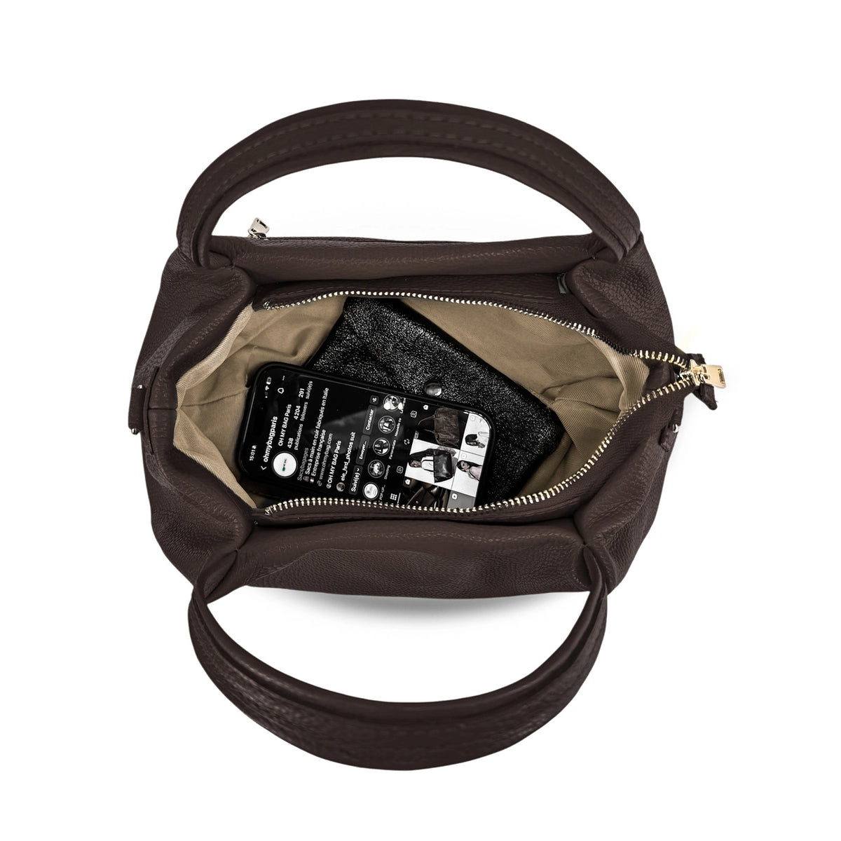 BUBBLE Chocolate Brown Grained Leather Handbag