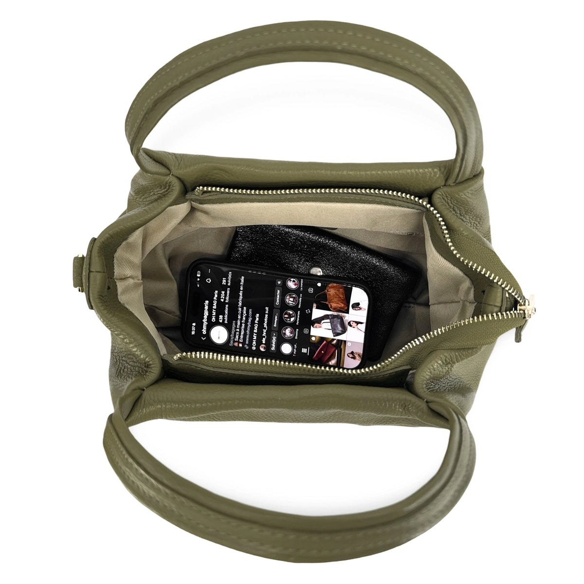 Borsa a mano in pelle martellata BUBBLE verde kaki