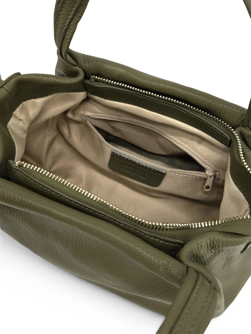 Borsa a mano in pelle martellata BUBBLE verde kaki