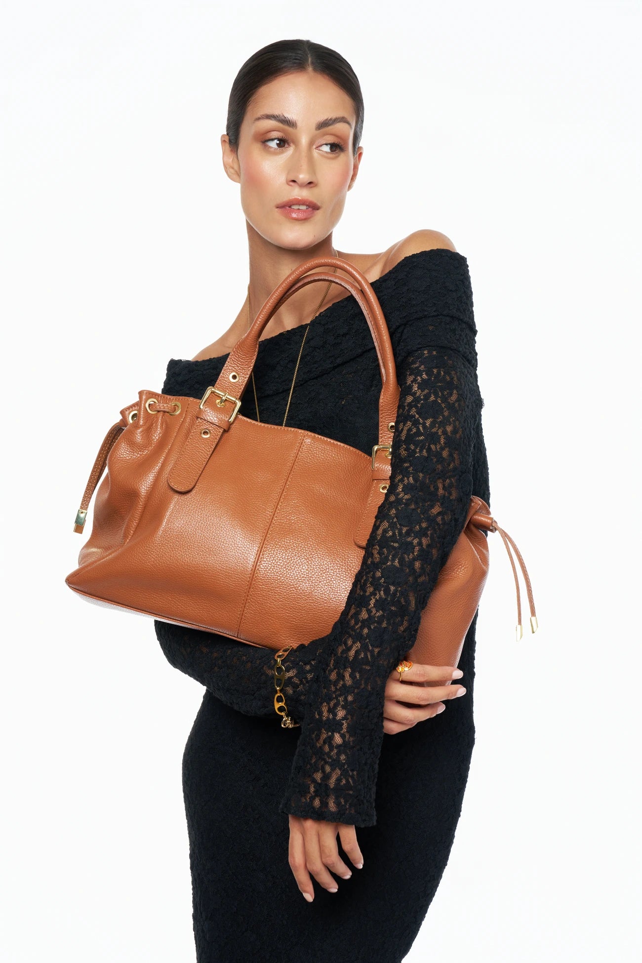 Sac bowling en cuir grainé PRINCESSE XL Camel foncé