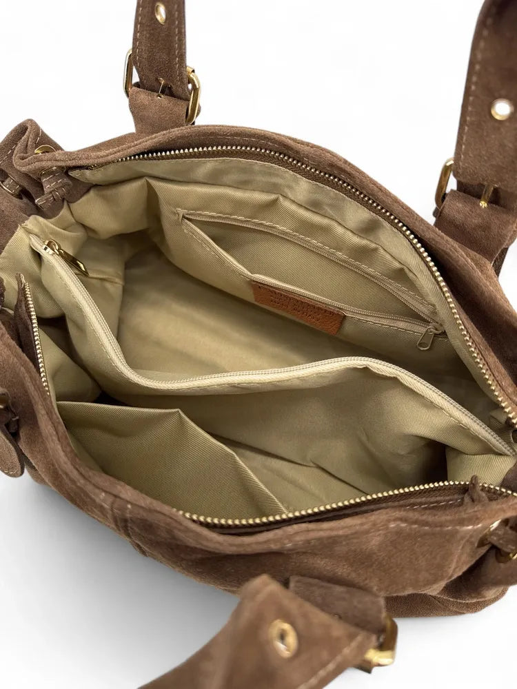 Sac bowling en croûte de cuir PRINCESSE SUEDE XL Taupe foncé