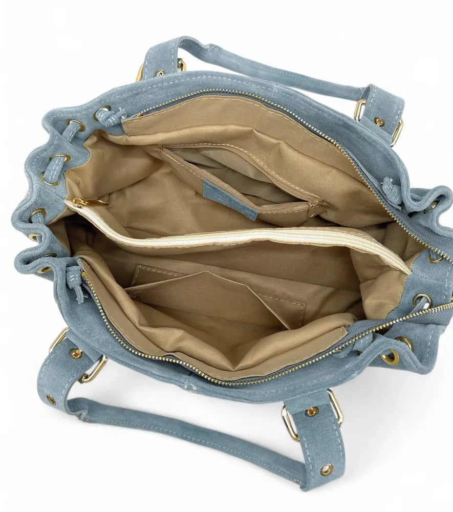 Sac bowling en croûte de cuir PRINCESSE SUEDE Bleu pastel