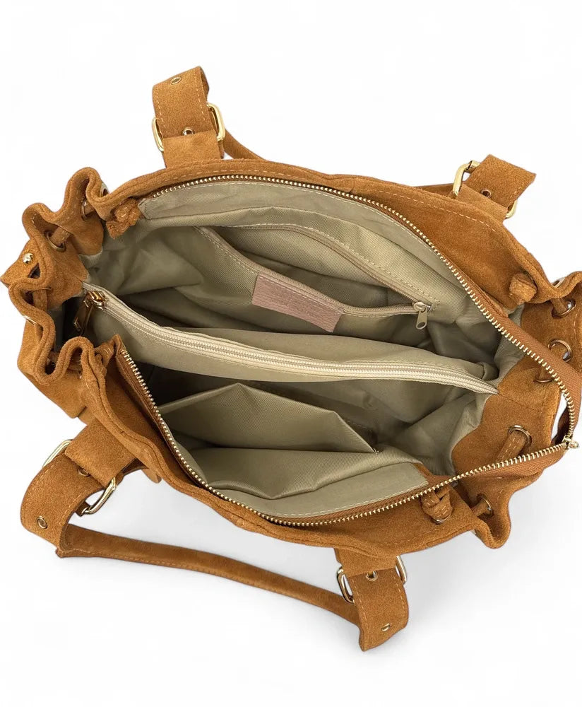 Sac bowling en croûte de cuir PRINCESSE SUEDE Camel clair