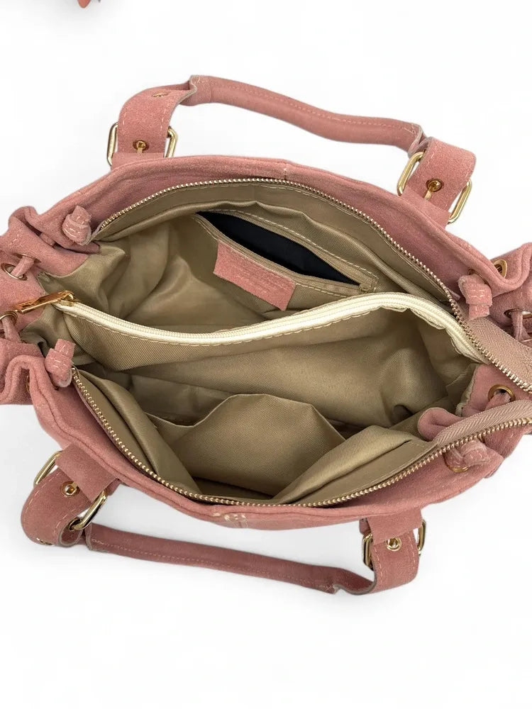Sac bowling en croûte de cuir PRINCESSE SUEDE Rose bonbon