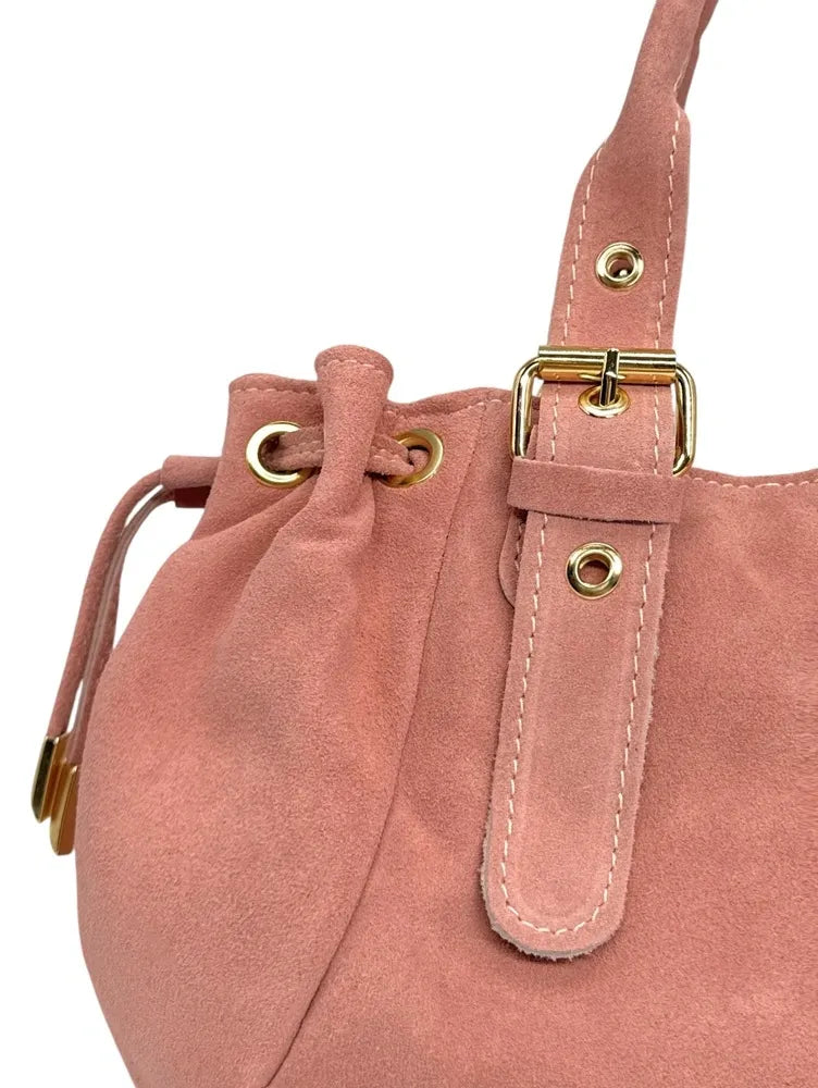 Sac bowling en croûte de cuir PRINCESSE SUEDE Rose bonbon