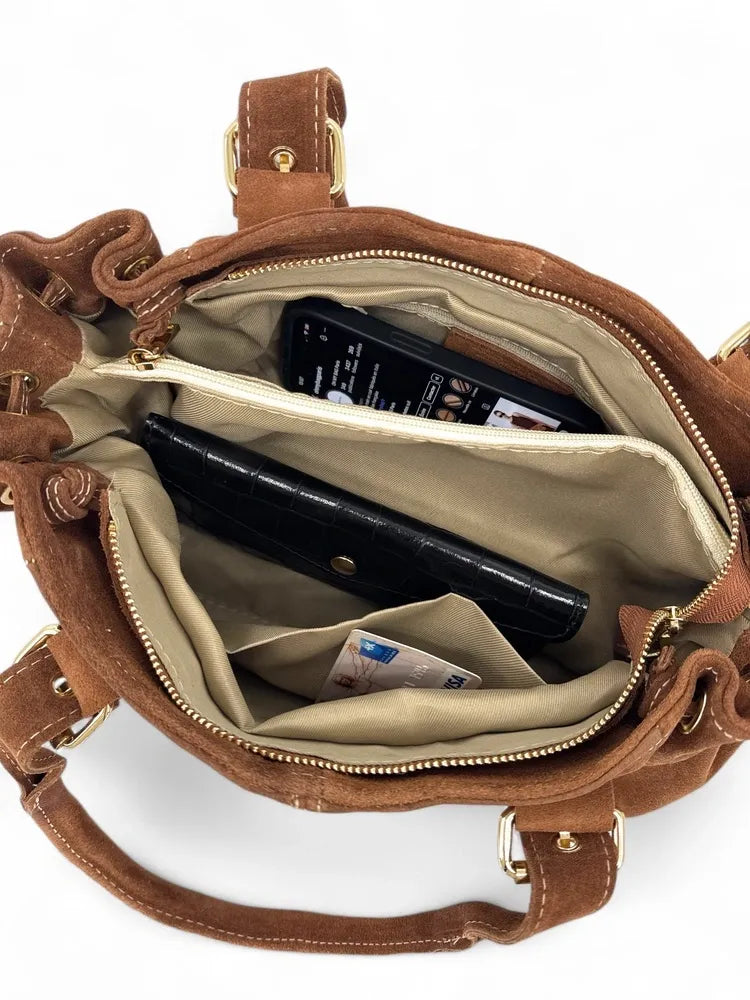 Sac bowling en croûte de cuir PRINCESSE SUEDE Camel foncé