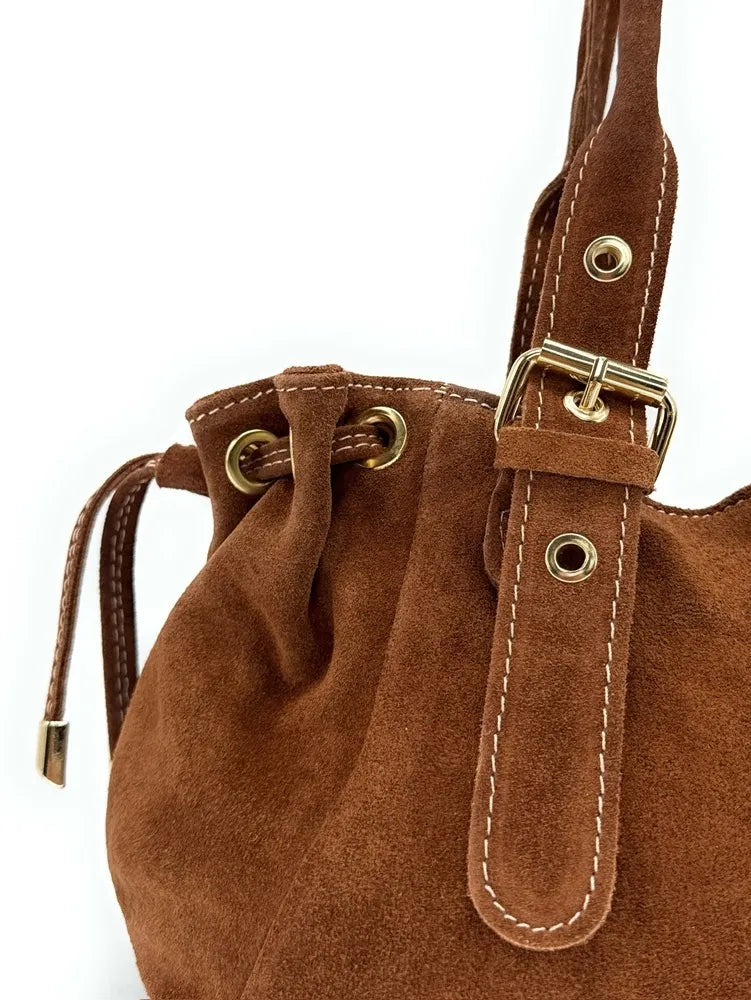 Sac bowling en croûte de cuir PRINCESSE SUEDE Camel foncé