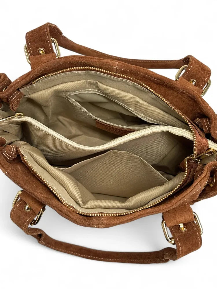 Sac bowling en croûte de cuir PRINCESSE SUEDE Camel foncé