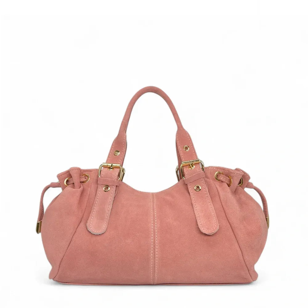 Sac bowling en croûte de cuir PRINCESSE SUEDE Rose bonbon