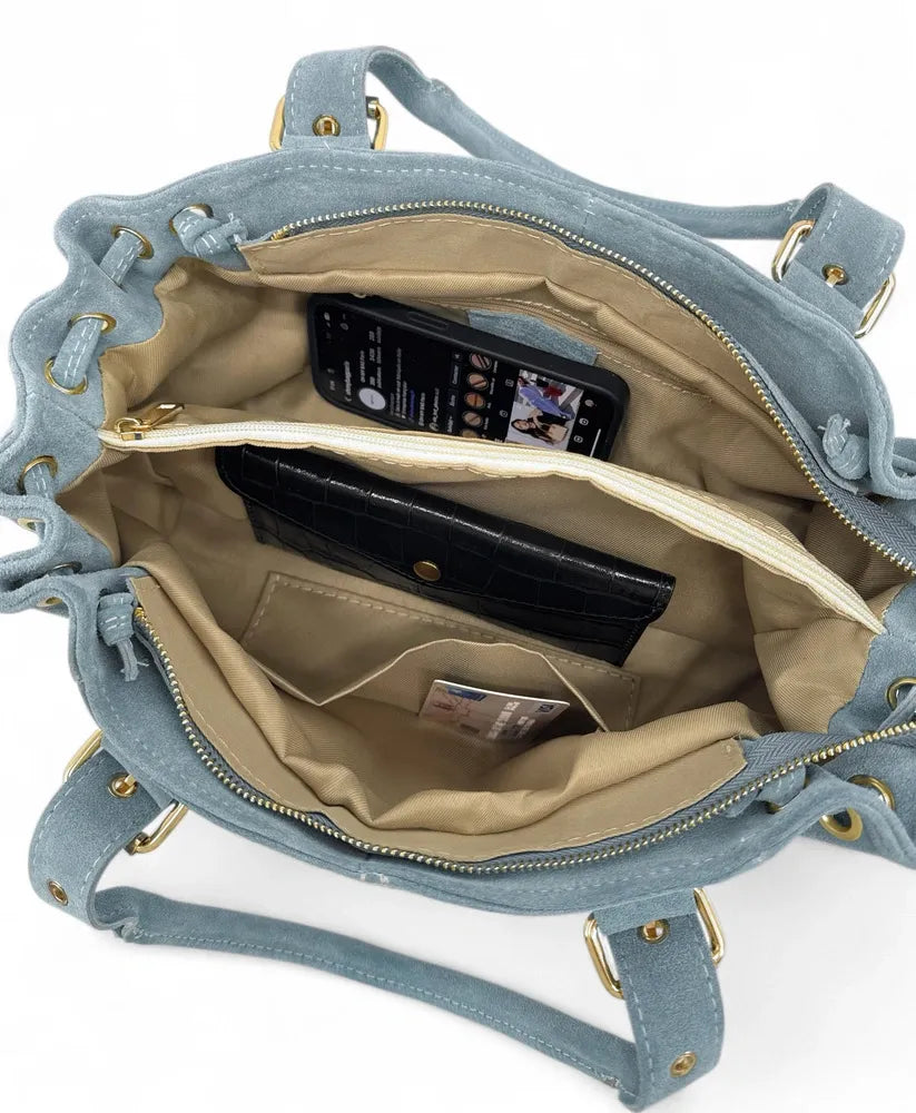 Sac bowling en croûte de cuir PRINCESSE SUEDE Bleu pastel