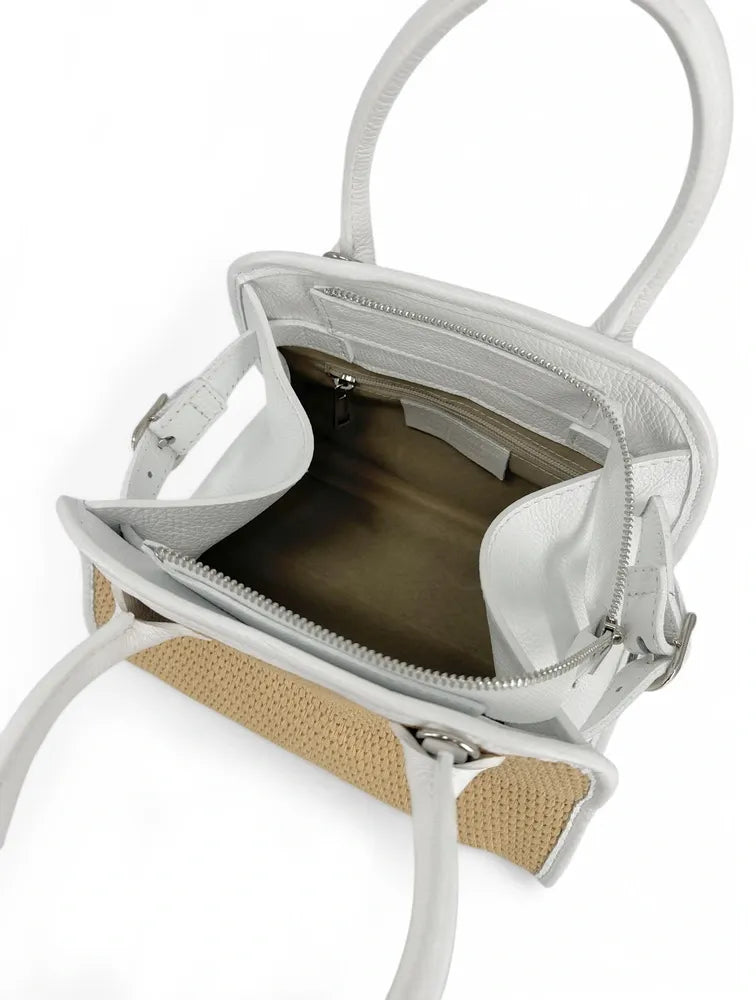 Sac bowling en cuir grainé et raphia VALENTINA Blanc