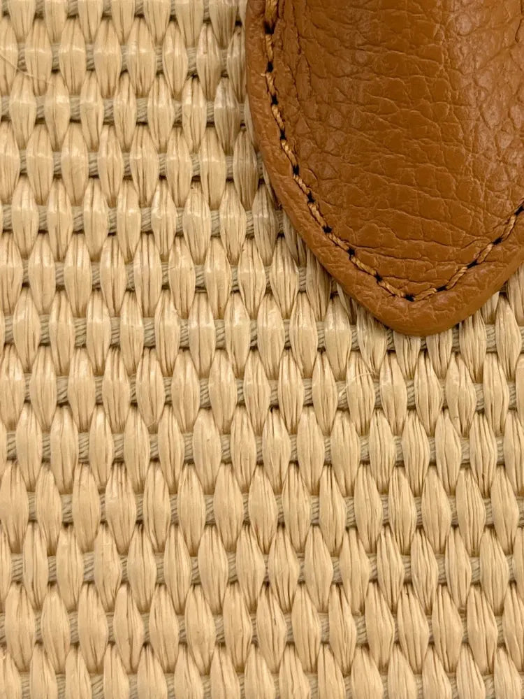 Sac bowling en cuir grainé et raphia VALENTINA Camel