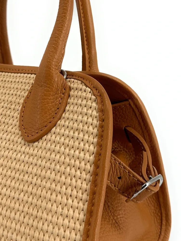 Sac bowling en cuir grainé et raphia VALENTINA Camel