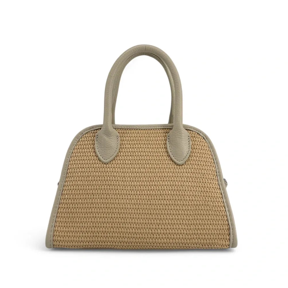 Sac bowling en cuir grainé et raphia VALENTINA Taupe clair