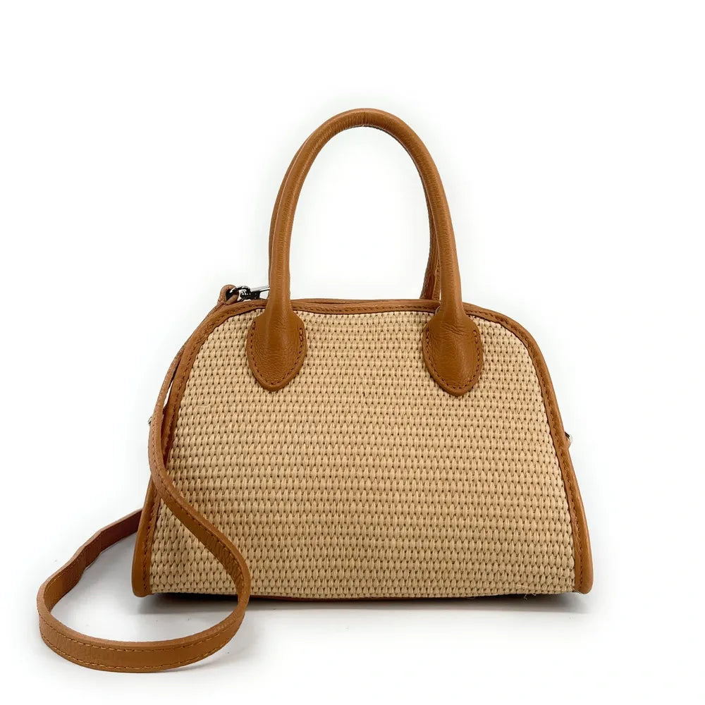 Sac bowling en cuir grainé et raphia VALENTINA Camel