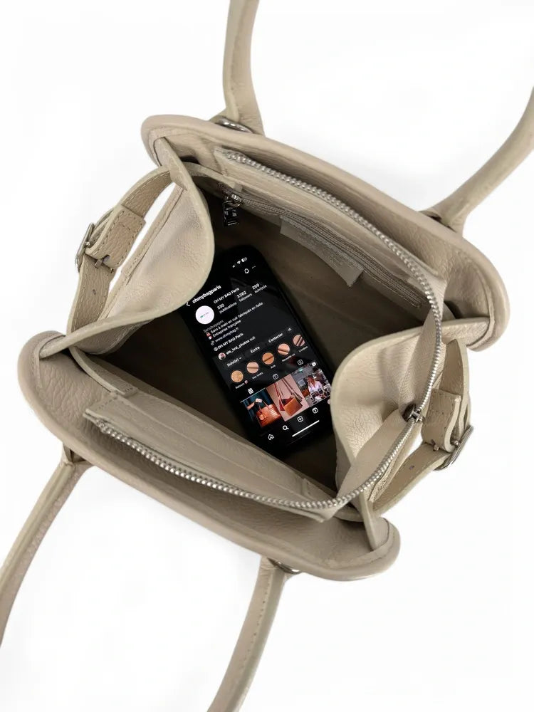 Sac bowling en cuir grainé et raphia VALENTINA Taupe clair
