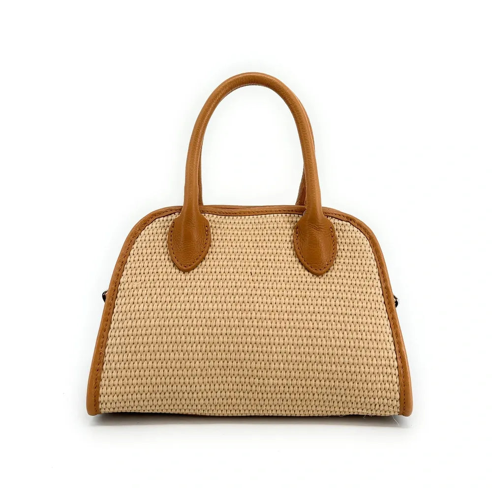 Sac bowling en cuir grainé et raphia VALENTINA Camel