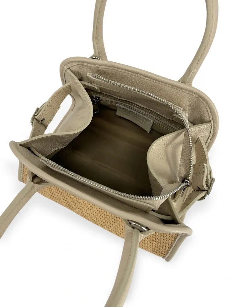 Sac bowling en cuir grainé et raphia VALENTINA Taupe clair