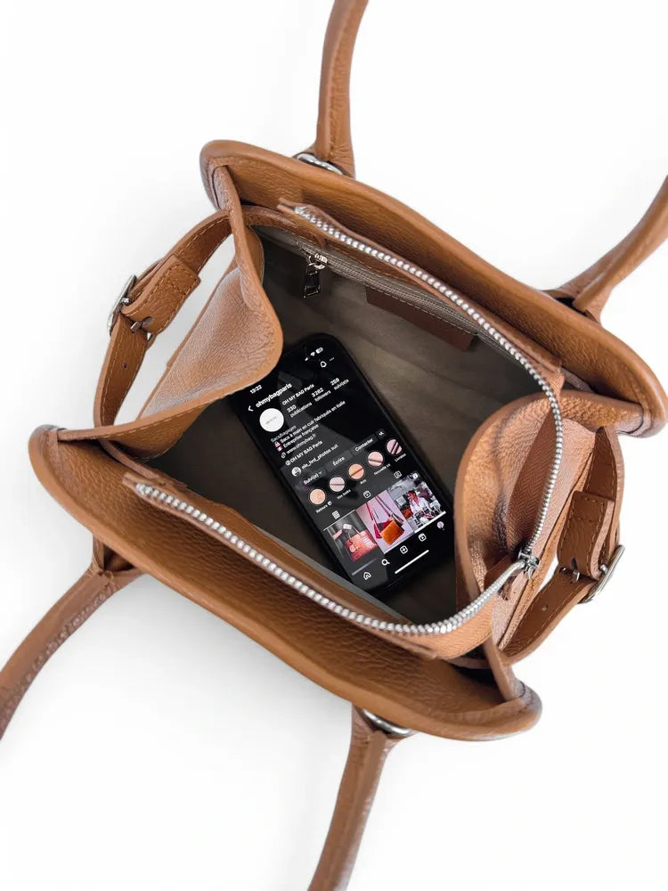 Sac bowling en cuir grainé et raphia VALENTINA Camel
