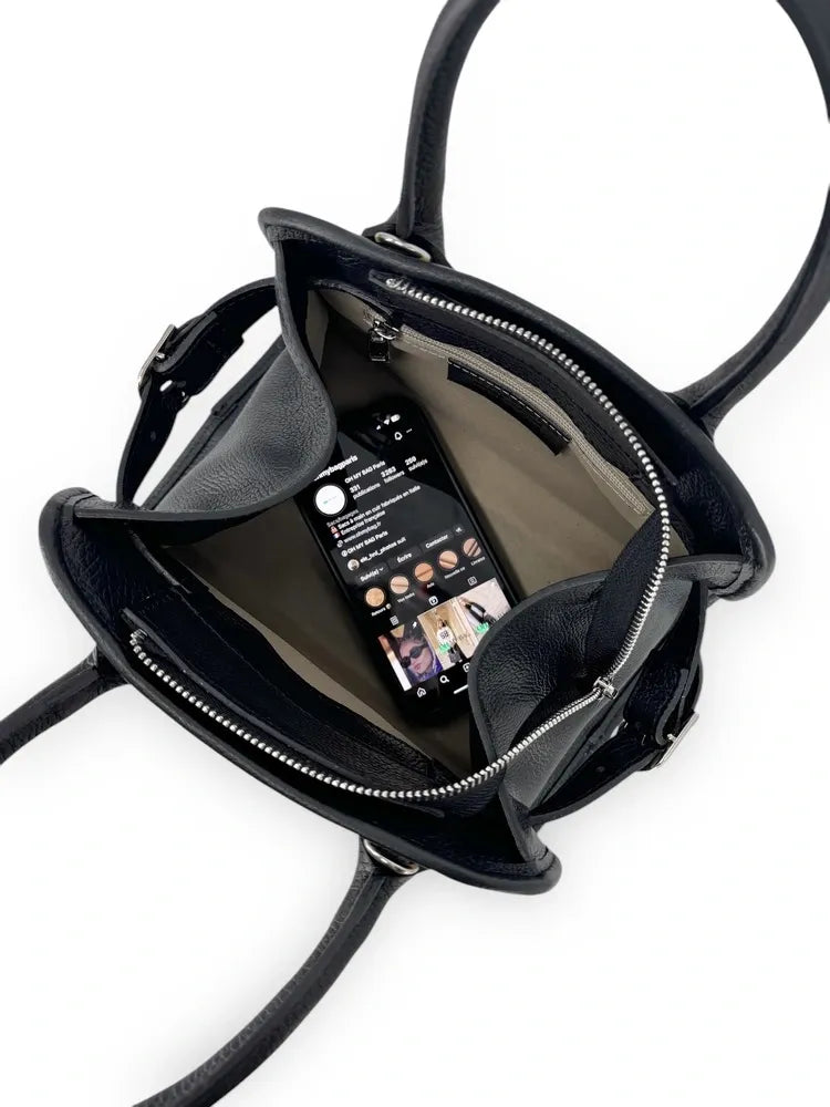 Sac bowling en cuir grainé et raphia VALENTINA Noir