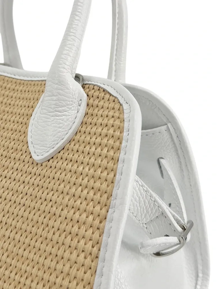 Sac bowling en cuir grainé et raphia VALENTINA Blanc
