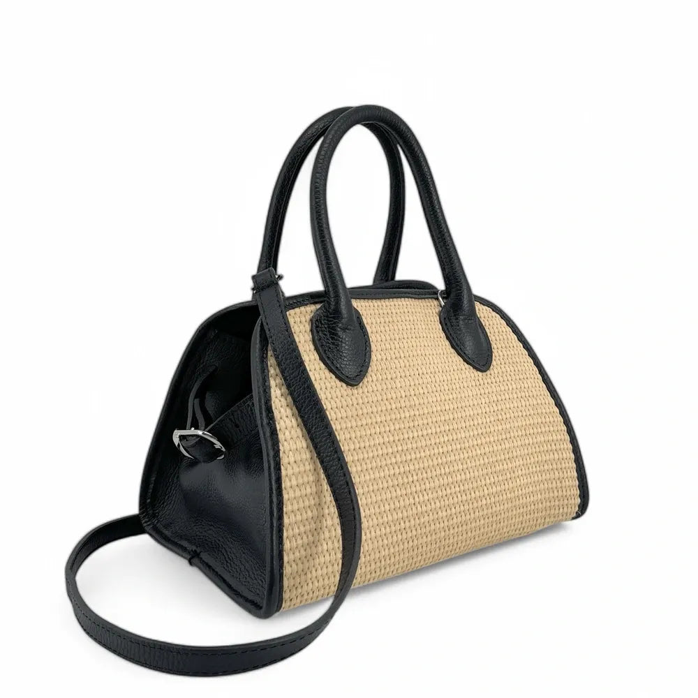 Sac bowling en cuir grainé et raphia VALENTINA Noir
