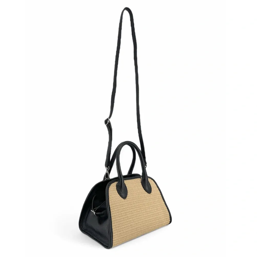 Sac bowling en cuir grainé et raphia VALENTINA Noir