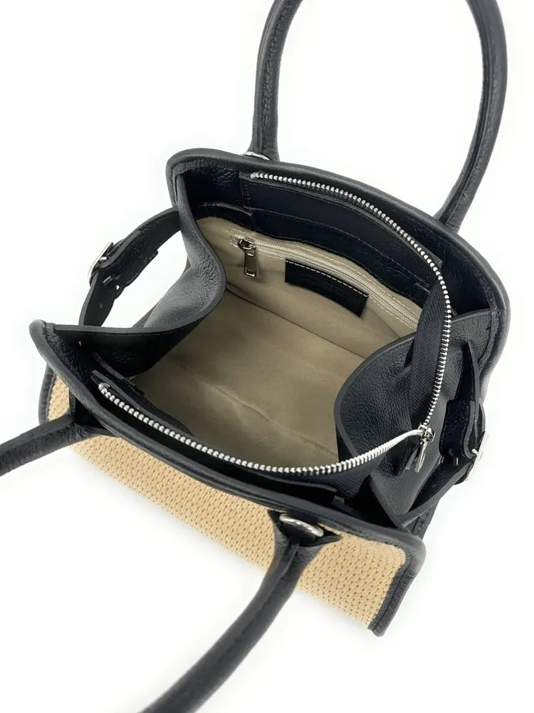 Sac bowling en cuir grainé et raphia VALENTINA Noir