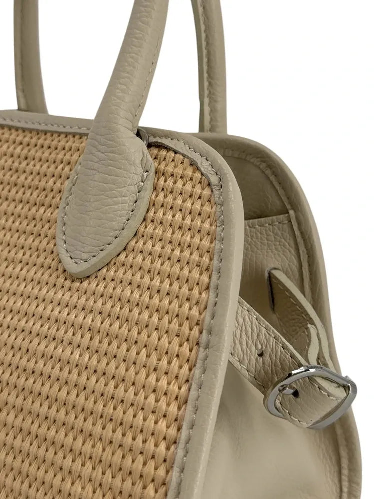 Sac bowling en cuir grainé et raphia VALENTINA Taupe clair