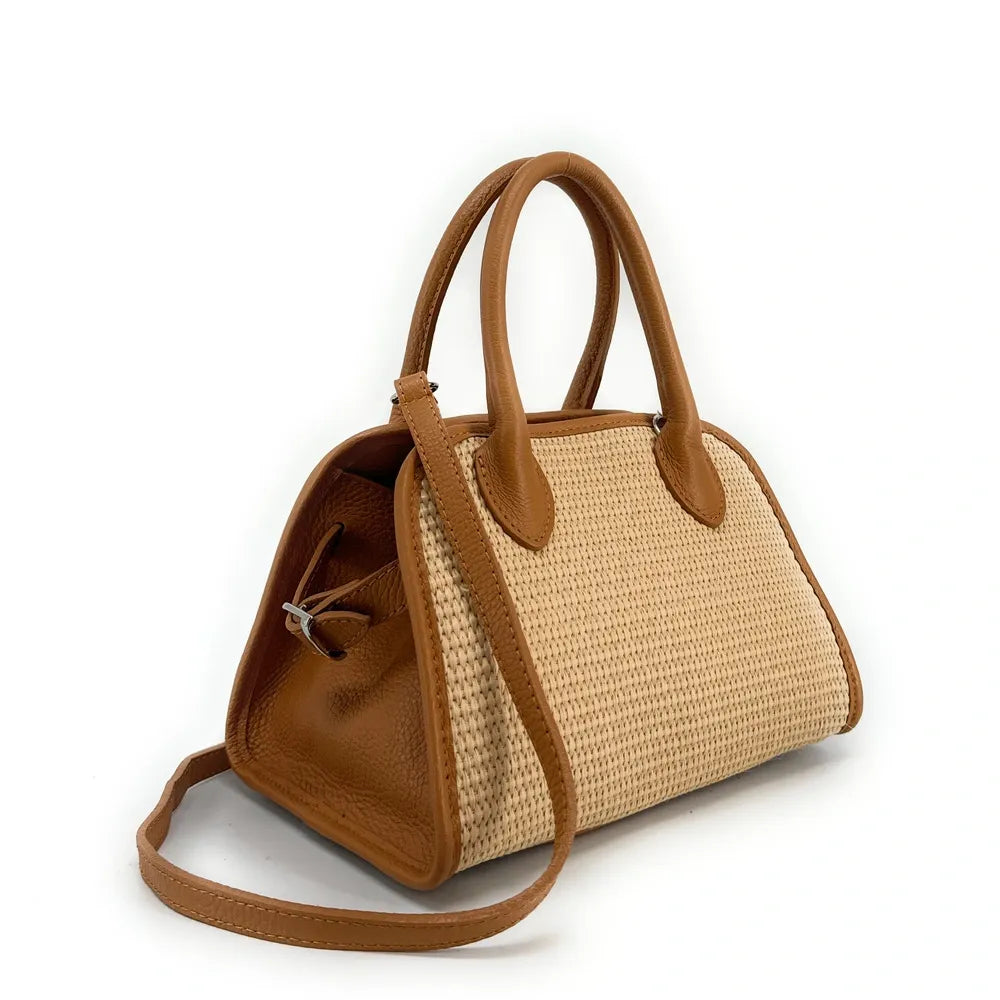 Sac bowling en cuir grainé et raphia VALENTINA Camel