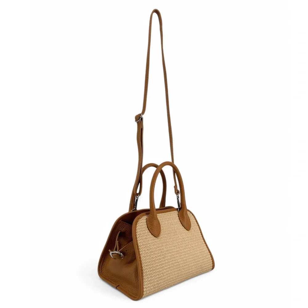 Sac bowling en cuir grainé et raphia VALENTINA Camel
