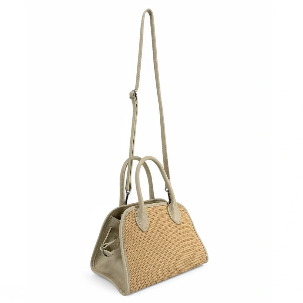 Sac bowling en cuir grainé et raphia VALENTINA Taupe clair