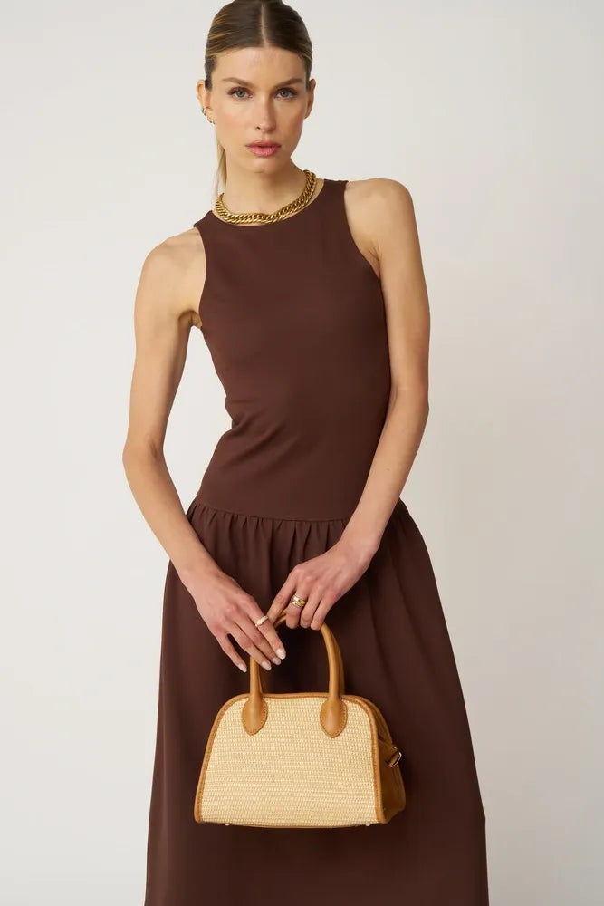 Sac bowling en cuir grainé et raphia VALENTINA Camel
