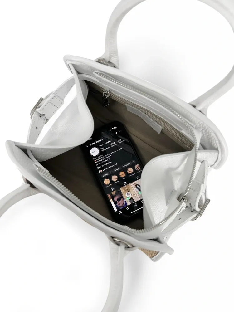Sac bowling en cuir grainé et raphia VALENTINA Blanc