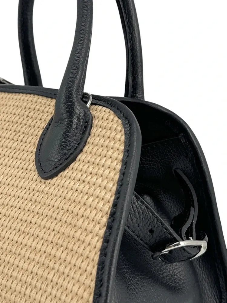 Sac bowling en cuir grainé et raphia VALENTINA Noir