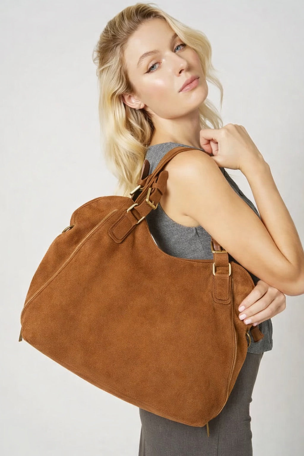 CAMELIA SUEDE large split suede hobo bag, Dark camel brown