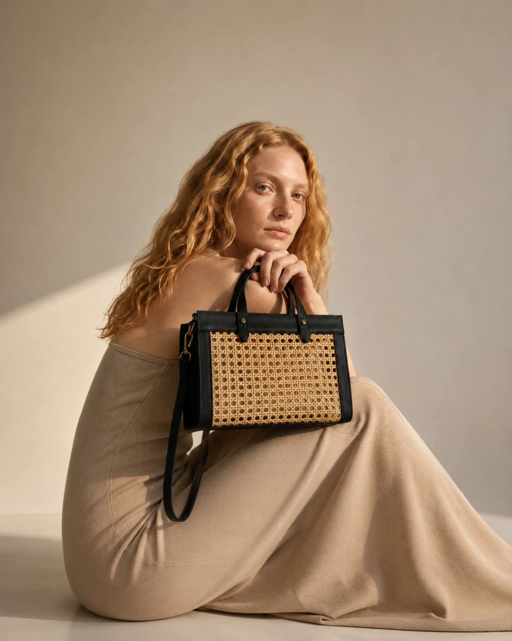 Sac cabas en cuir lisse et rotin THEOLINE Noir