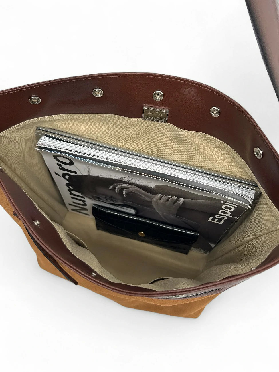 Bolso tote grande de ante y piel lisa EMMA Camel oscuro