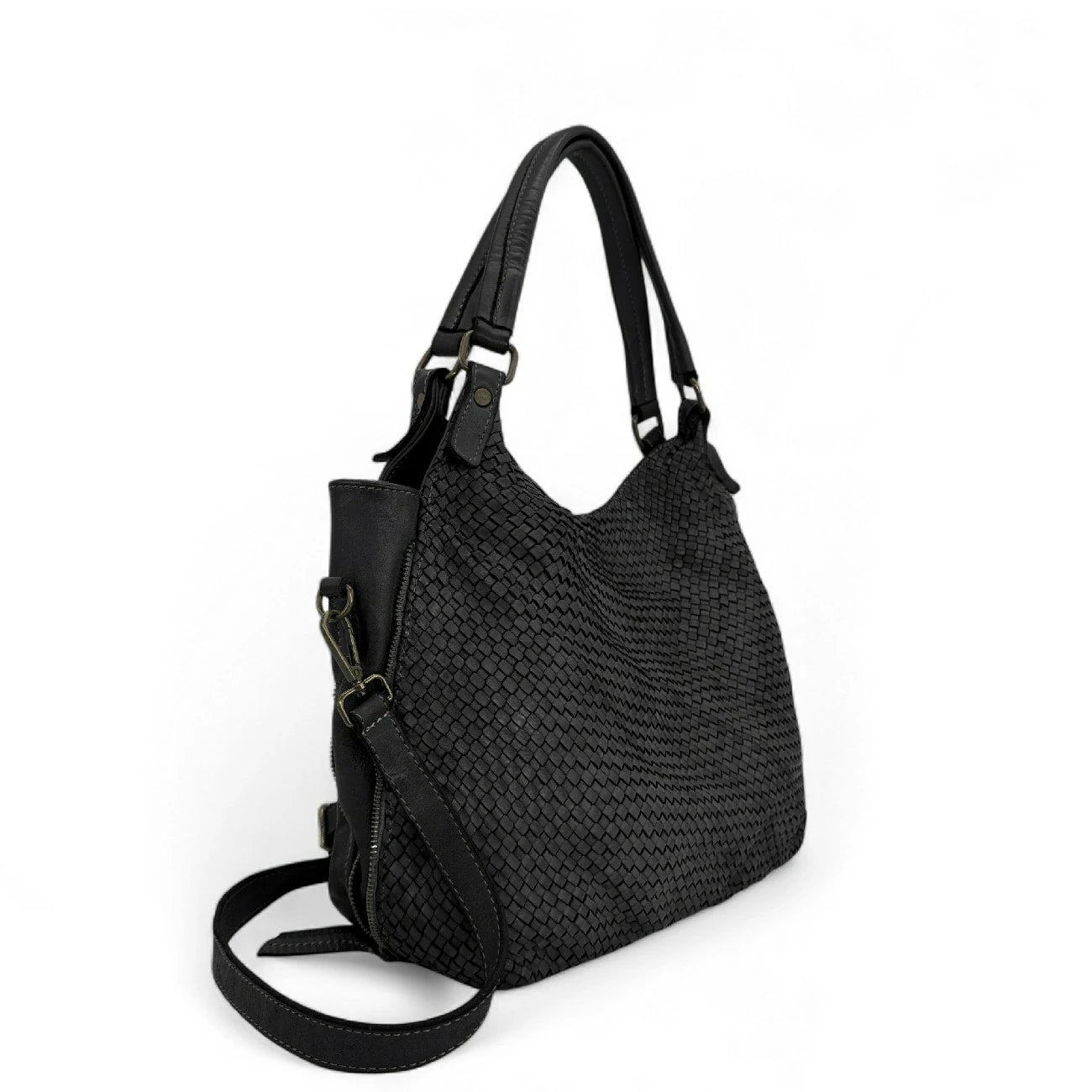 Sac à main en cuir vintage tressé BRISBANE Noir