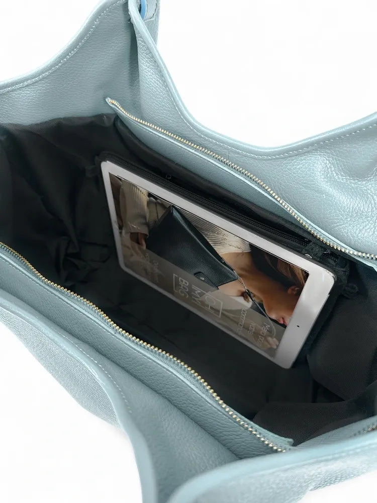 Sac cabas en cuir grainé ALYSSA Bleu pastel