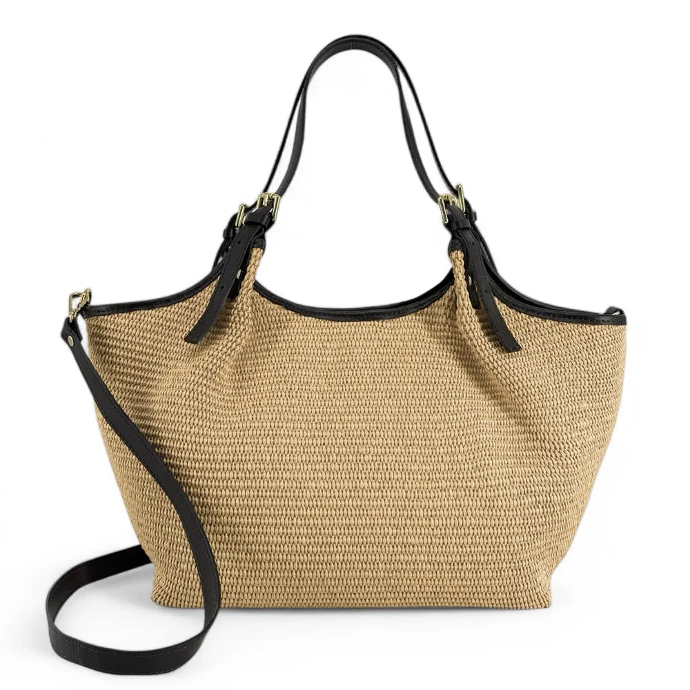 Sac cabas en cuir grainé et raphia IMPERIA Beige crème