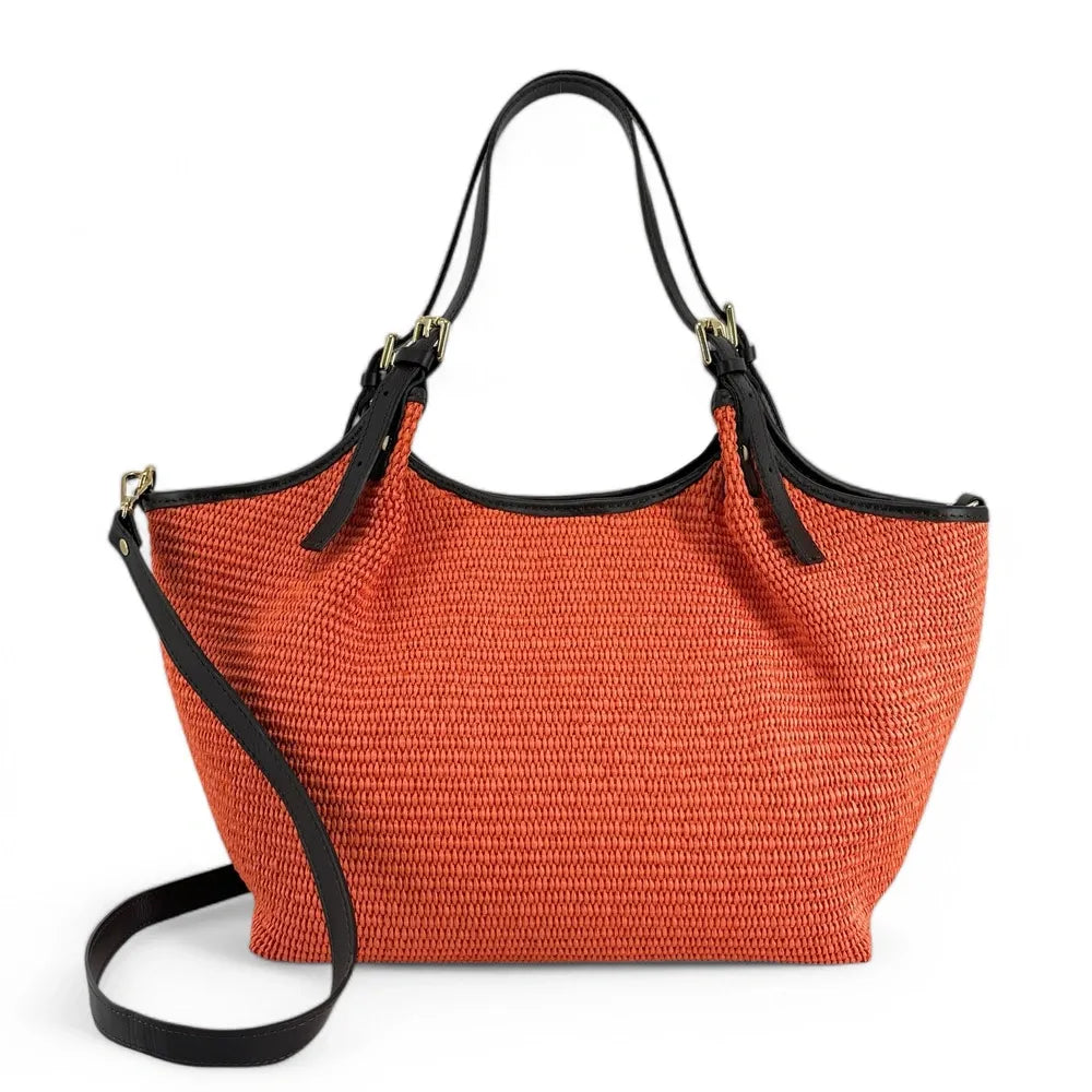 Sac cabas en cuir grainé et raphia IMPERIA Mandarine