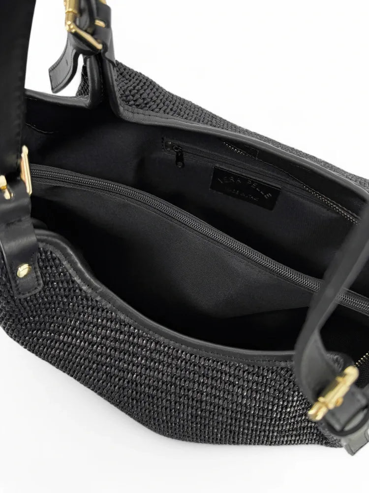 Sac cabas en cuir grainé et raphia IMPERIA Noir