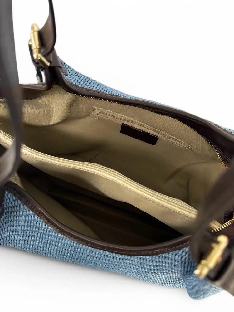 Sac cabas en cuir grainé et raphia IMPERIA Bleu denim