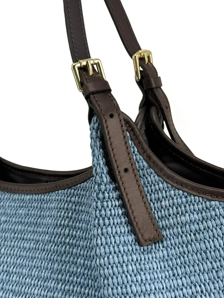 Sac cabas en cuir grainé et raphia IMPERIA Bleu denim