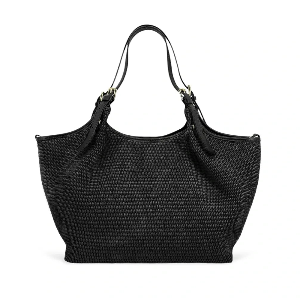 Sac cabas en cuir grainé et raphia IMPERIA Noir