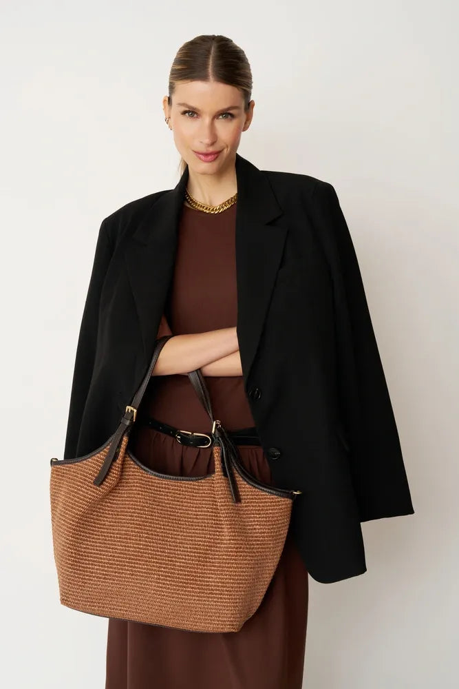 Sac cabas en cuir grainé et raphia IMPERIA Mocha mousse