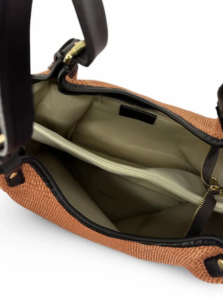 Sac cabas en cuir grainé et raphia IMPERIA Mocha mousse
